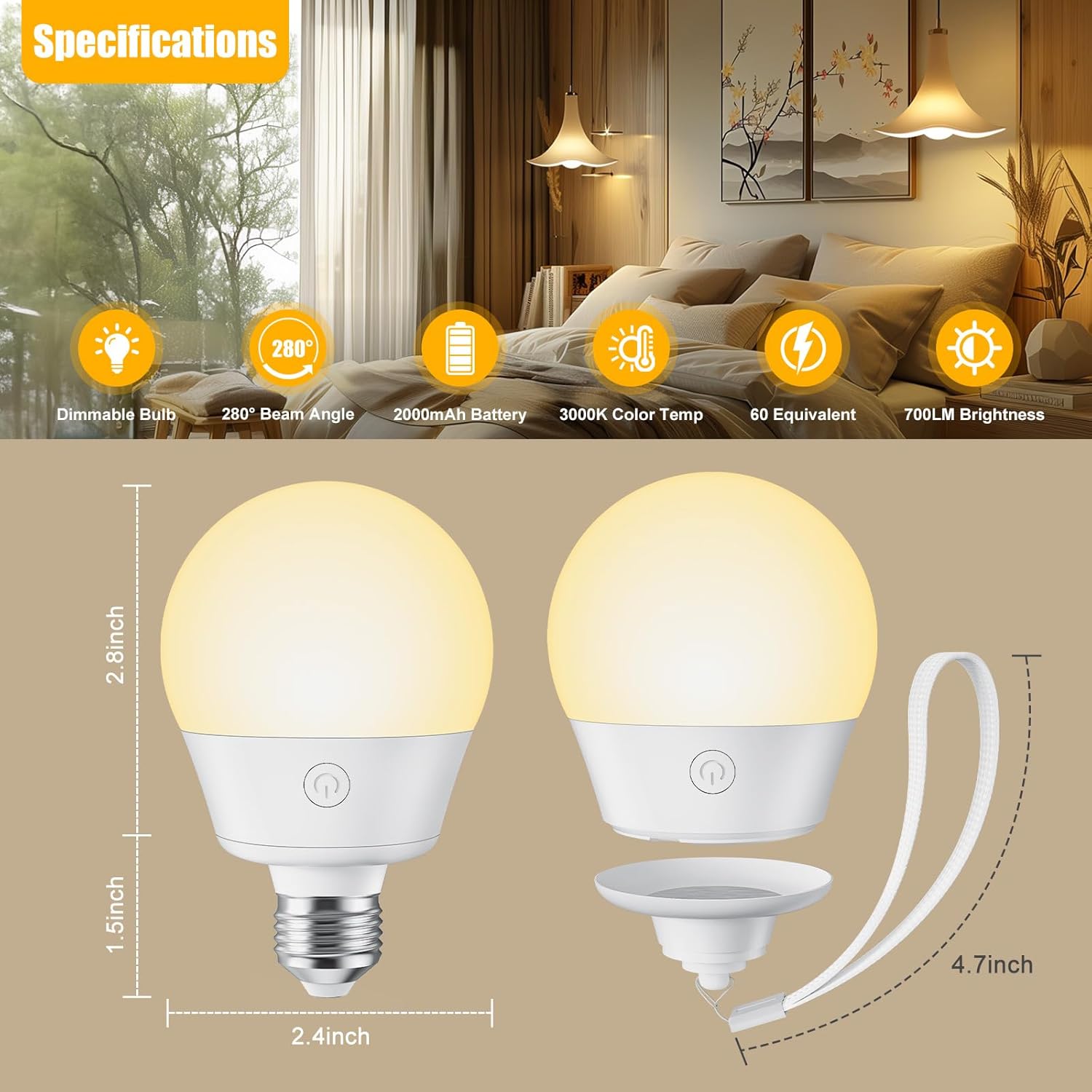Brightown E26 Rechargeable Light Bulb with Remote Timer and 3 Color Temperatures, Battery Backup Bulb for Sconces and Lamps, E26 Detachable Charging for Non-Hardwired Fixture, Dimmer, 700LM